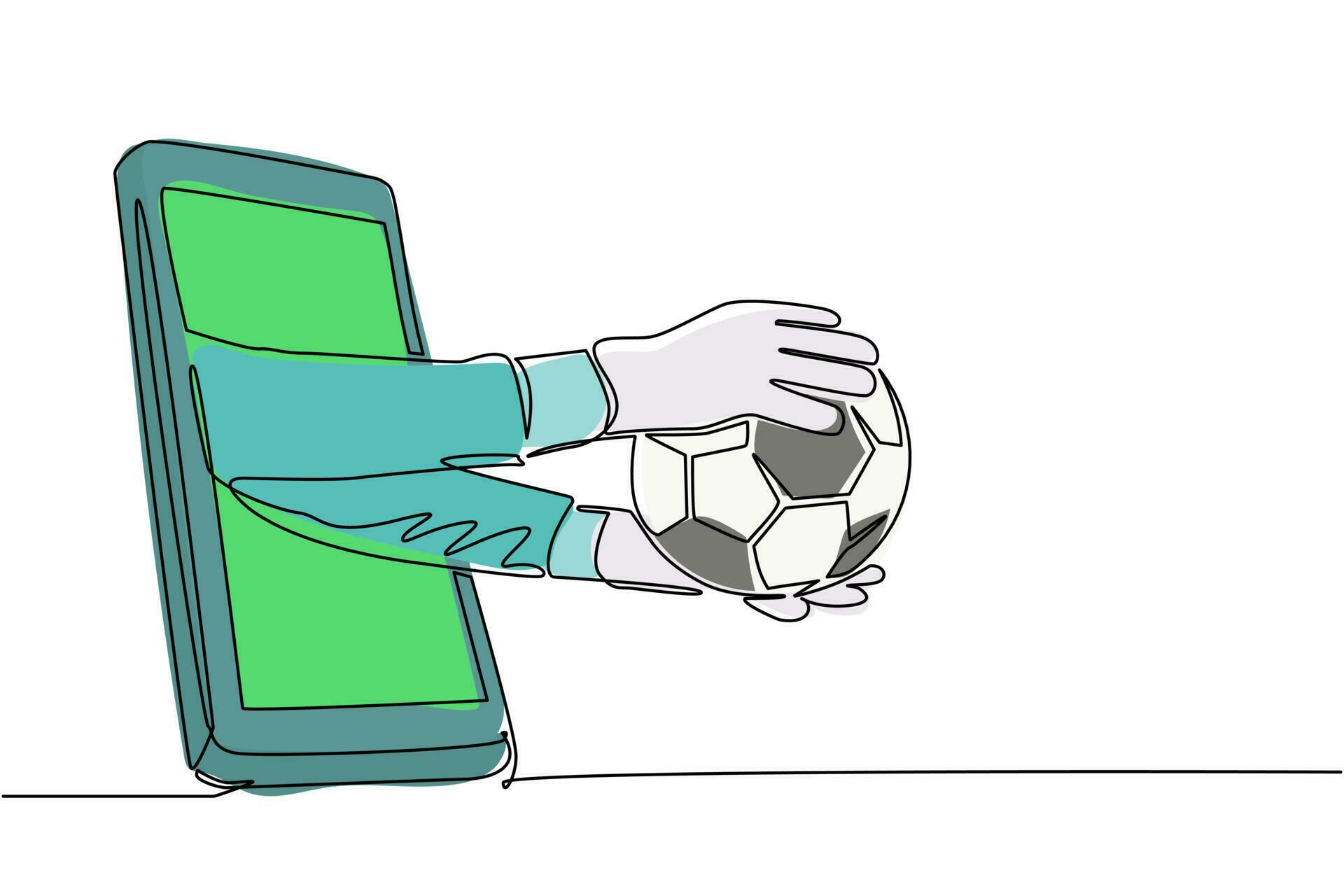 única mão de goleiro de desenho de linha segura bola de futebol através do  celular. conceito para jogos online, transmissões esportivas. smartphone  com futebol de futebol de aplicativo. gráfico de vetor de